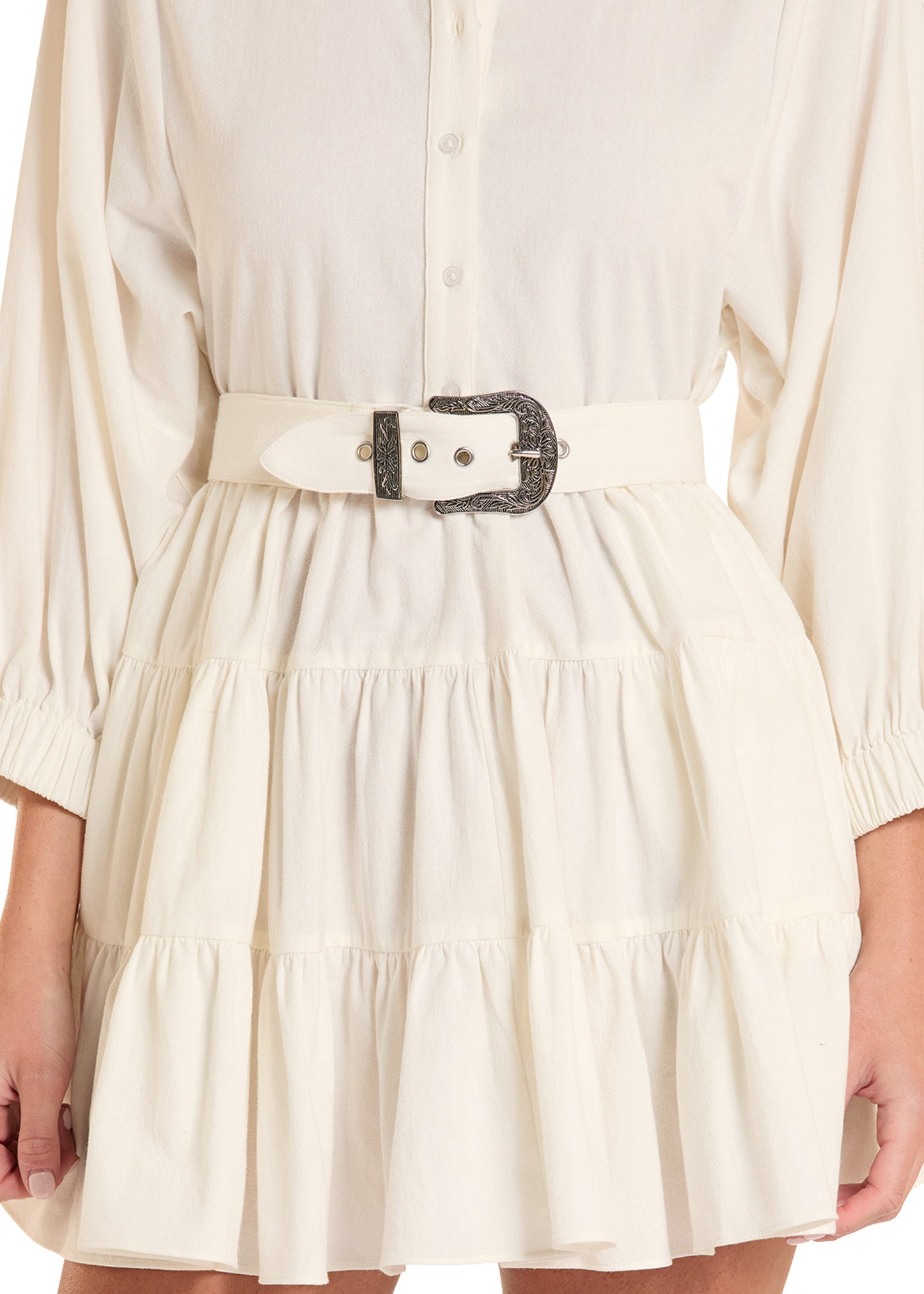 Beige dress with a belt on a white background