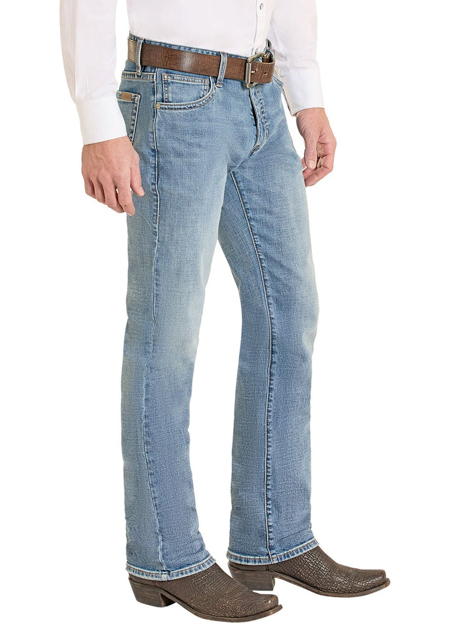 Man wearing a white shirt, blue jeans, and a beige cowboy hat on a white background