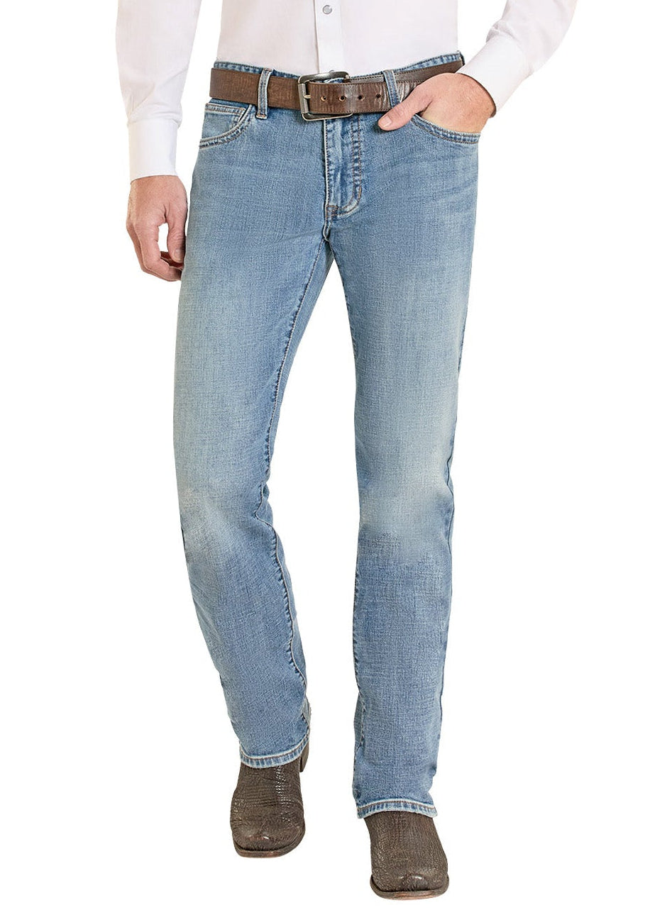 Man wearing a white shirt, light blue jeans, and a cowboy hat on a white background