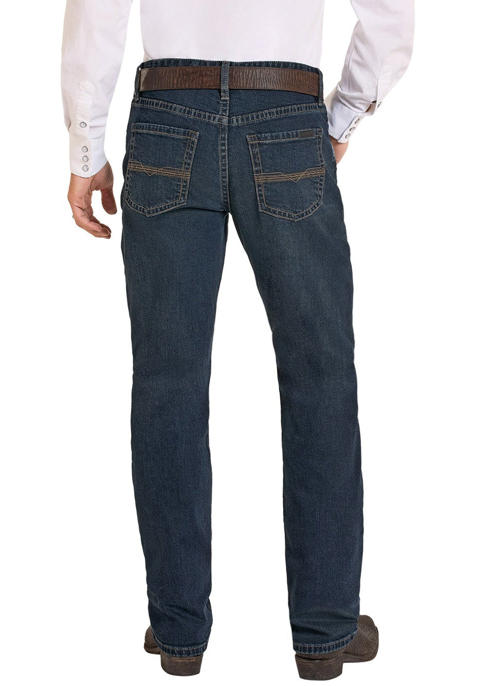 Man wearing a white shirt, dark jeans, and a straw hat on a white background