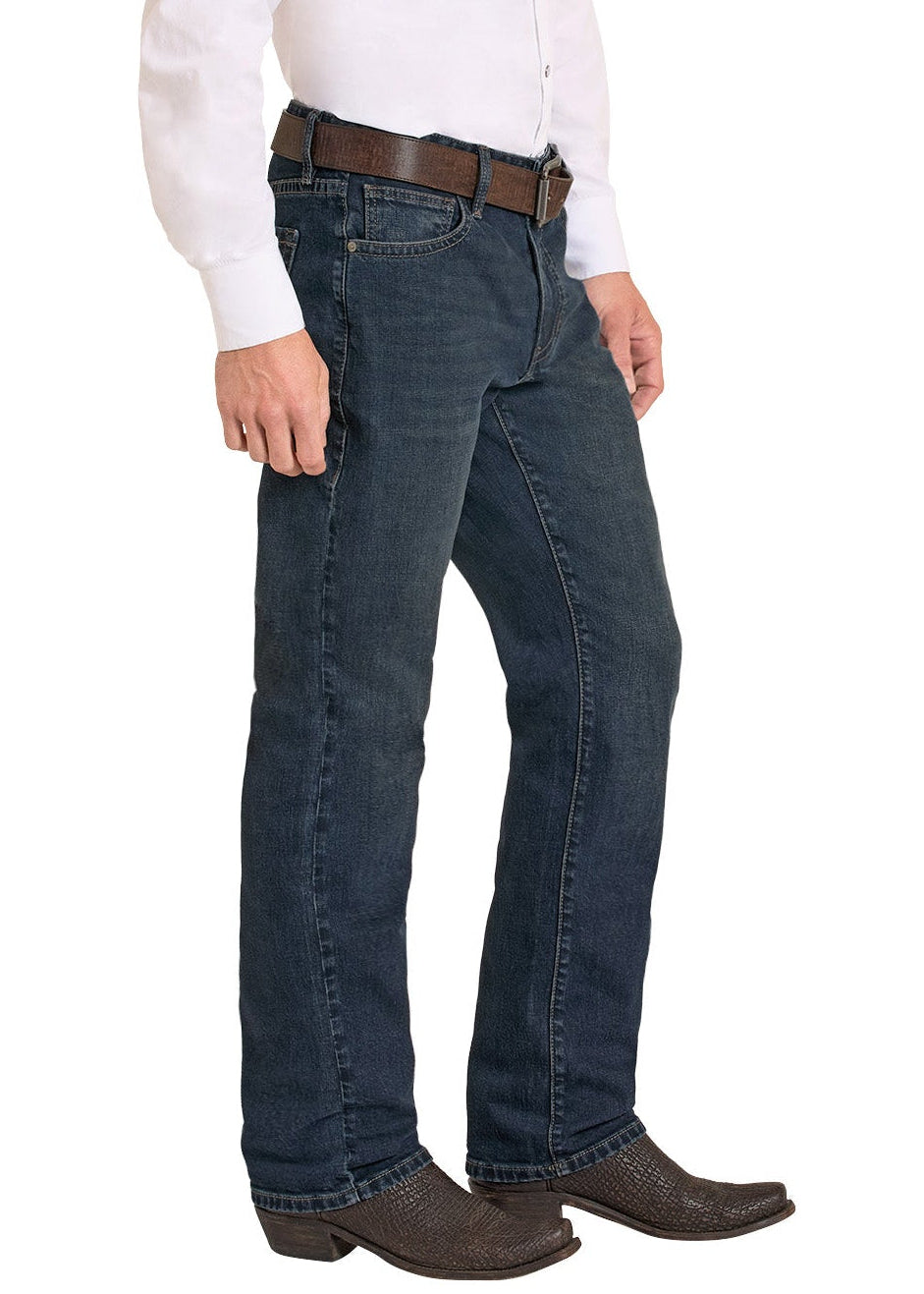 Man wearing a white shirt, blue jeans, and a cowboy hat on a white background