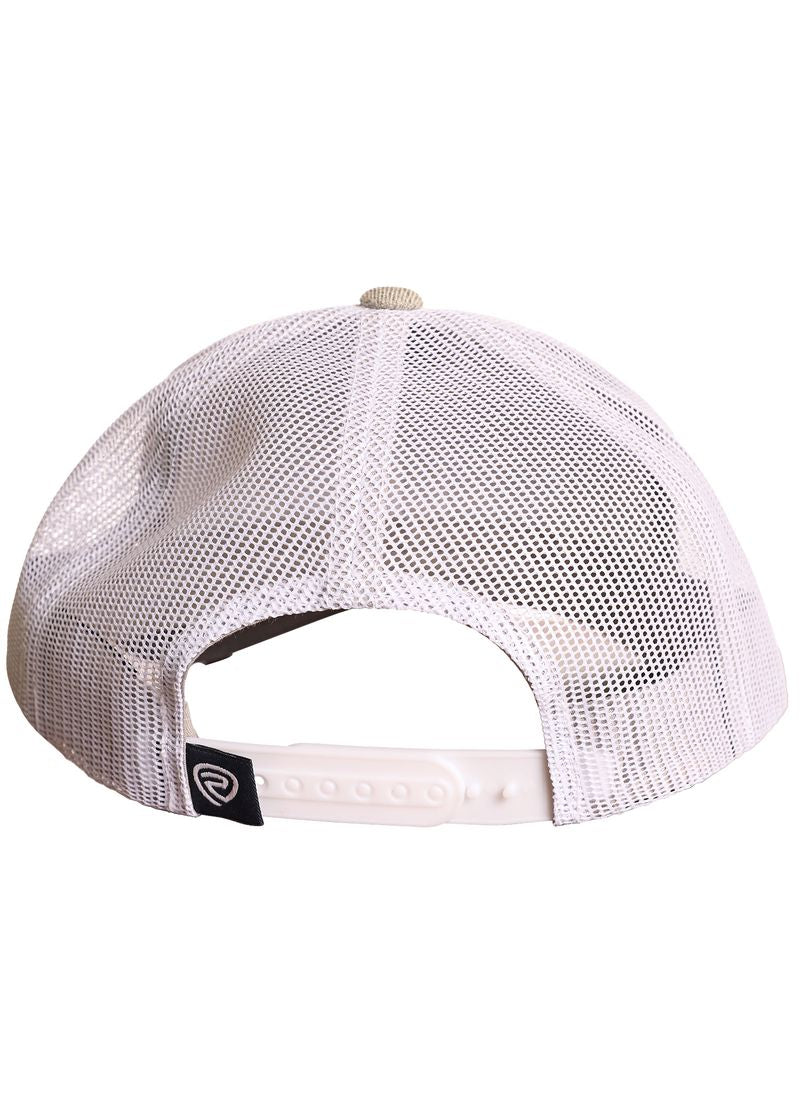 The Aztec Rock & Roll Denim Co. Cap by Rock & Roll Denim is a white mesh-back hat shown from the rear, featuring an adjustable snapback closure and a small black tag with a white logo on the left side.