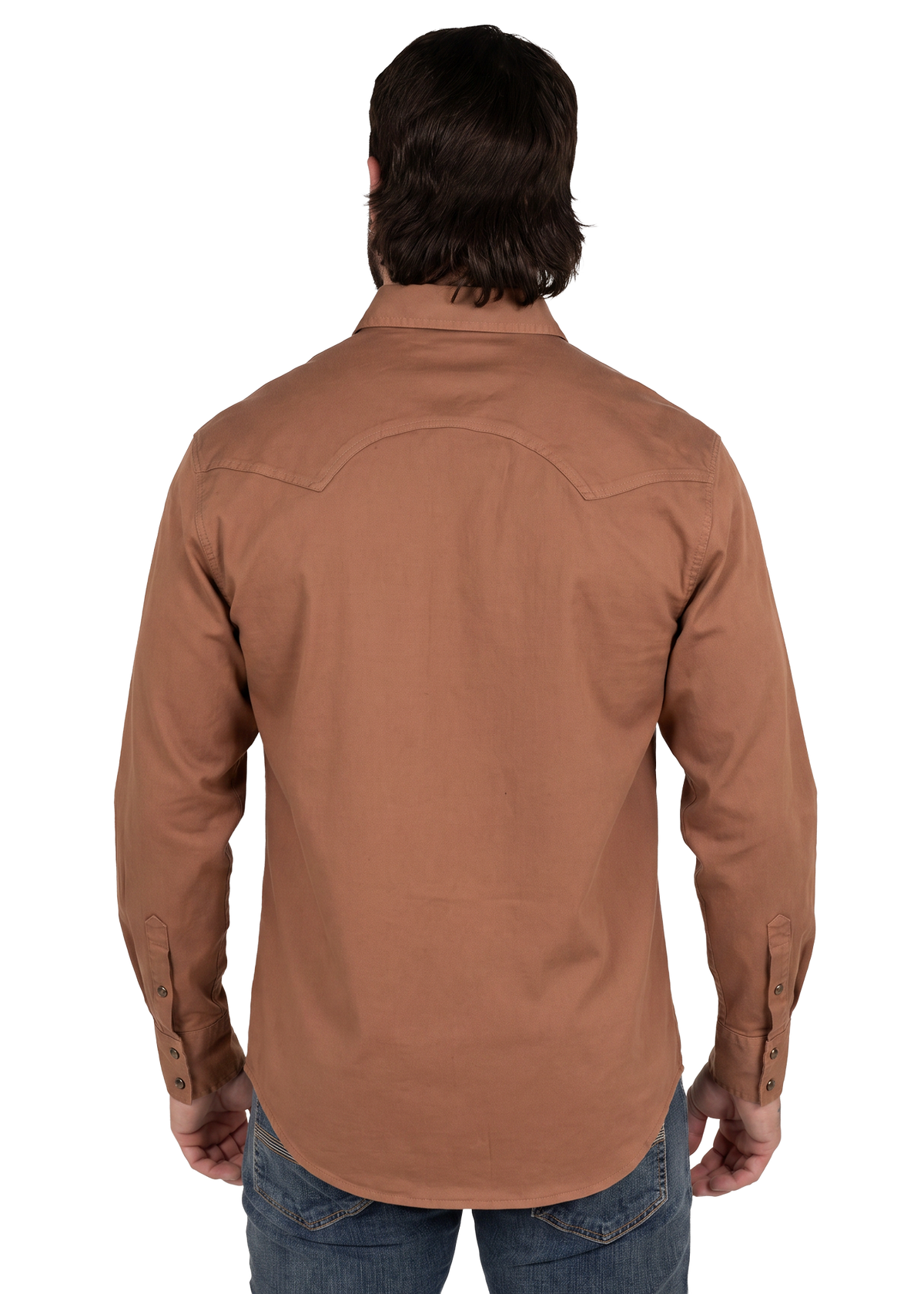 Koe Wetzel viewed from the back wearing a brown long-sleeve western-style shirt and blue jeans against a plain white background.