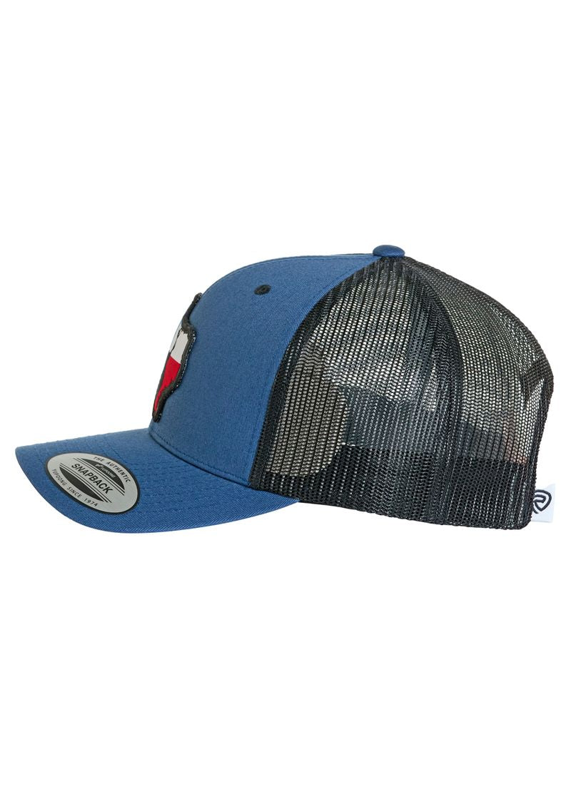 The Rock & Roll Denim Texas Buck Cap is a blue and black mesh trucker hat featuring a curved brim with sticker, front patch, ventilated mesh back panels, and an adjustable snapback closure for the perfect fit.