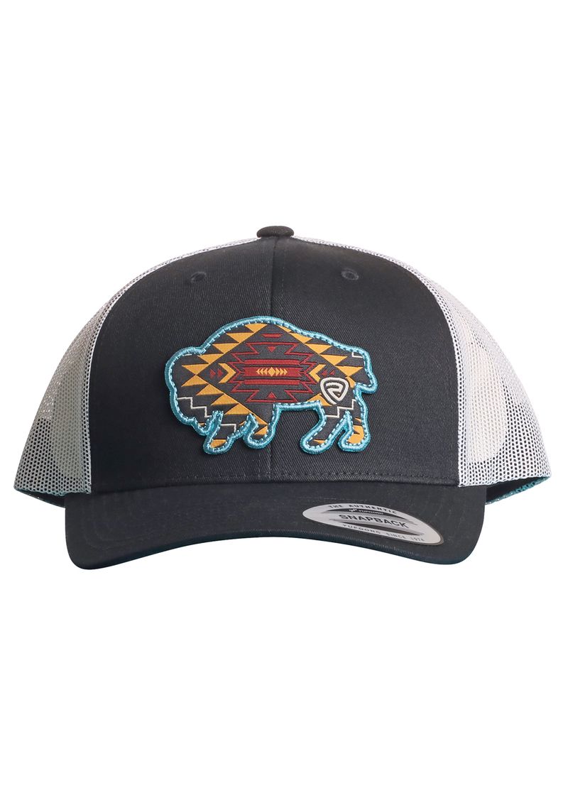 The Rock & Roll Denim Aztec Buffalo Cap is a black and white mesh-back hat with a colorful geometric buffalo patch on the front, outlined in blue stitching, and an adjustable snapback for a perfect fit.