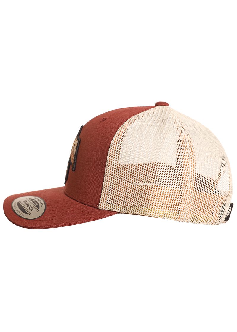 The Rock & Roll Denim Desert Thunderbird Cap features a brown and white design with a solid front, mesh back, flat brim, and bill sticker. This snapback hat is shown from the side.