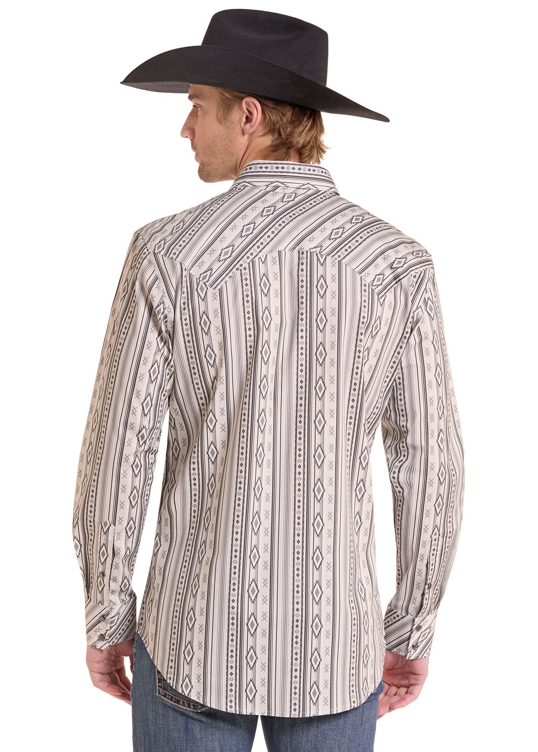 The back of a Natural Aztec Striped Long Sleeve Snap Shirt