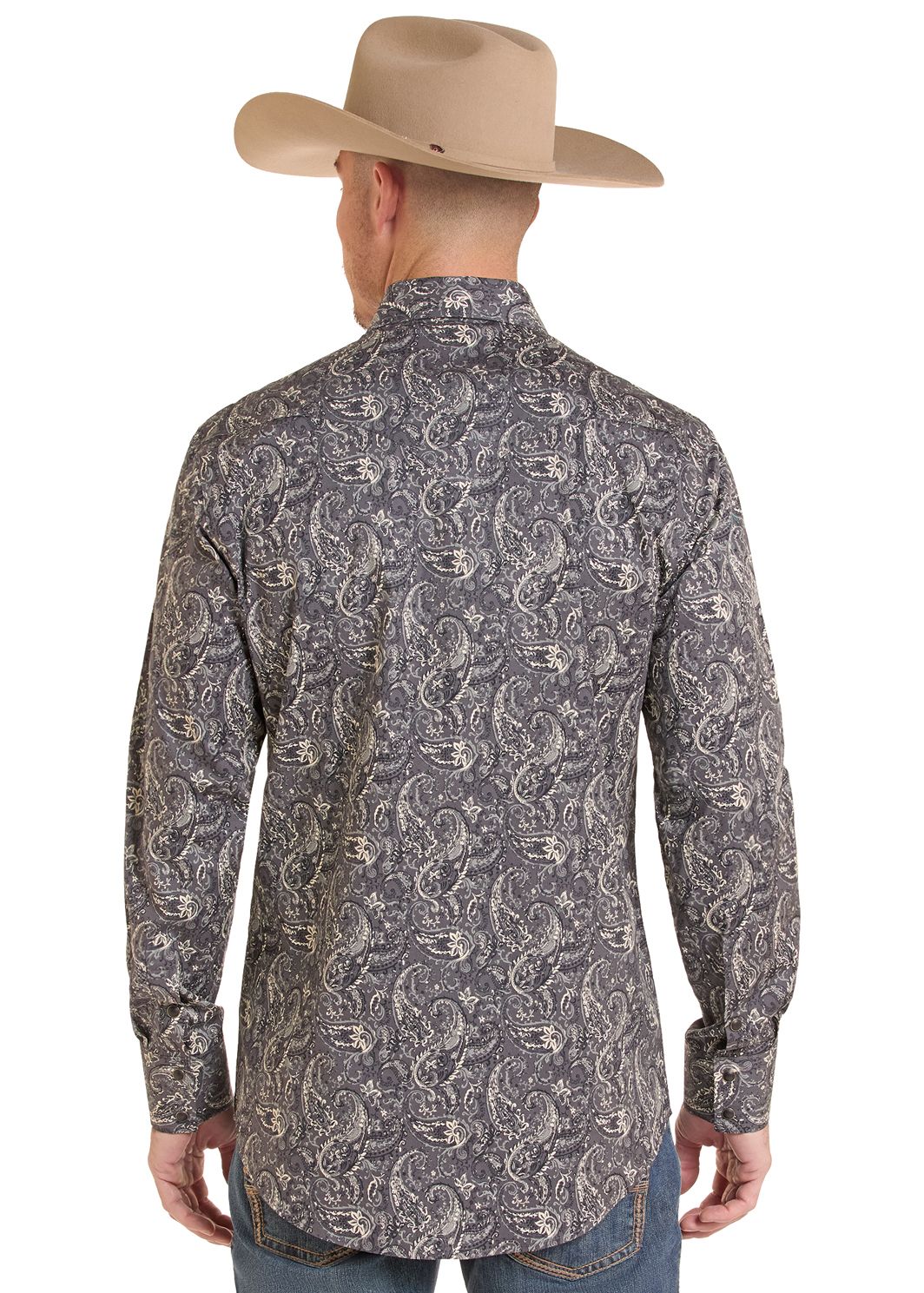 The back of a man in a Black Paisley Long Sleeve Snap Shirt
