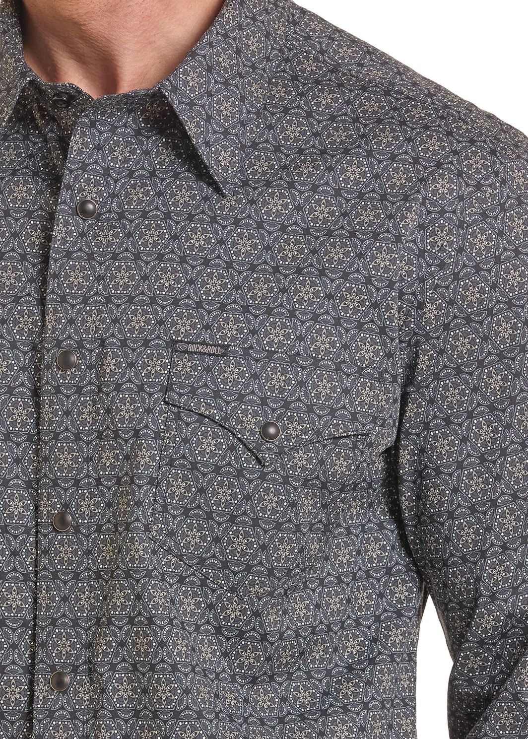 Black Medallion Long Sleeve Snap Shirt chest pocket detail. 