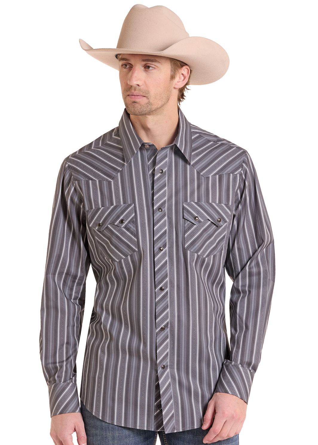 Man in Charcoal Diamond Striped Long Sleeve Snap Shirt