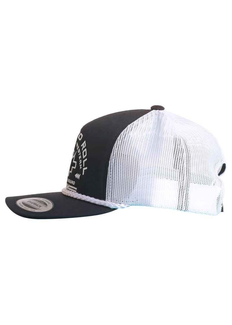 The Rock & Roll Denim Black Aztec Skull Cap is a black and white trucker hat with a black front panel, mesh back, curved bill, snapback closure, and round sticker. White text and Aztec Skull graphics appear on the front.