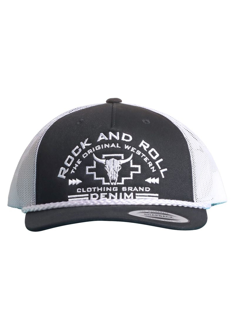 The Rock & Roll Black Aztec Skull Cap by Rock & Roll Denim is a black and white mesh trucker hat with an adjustable snapback, featuring a bold bull skull and "Rock and Roll The Original Western Clothing Brand Denim" on the front.