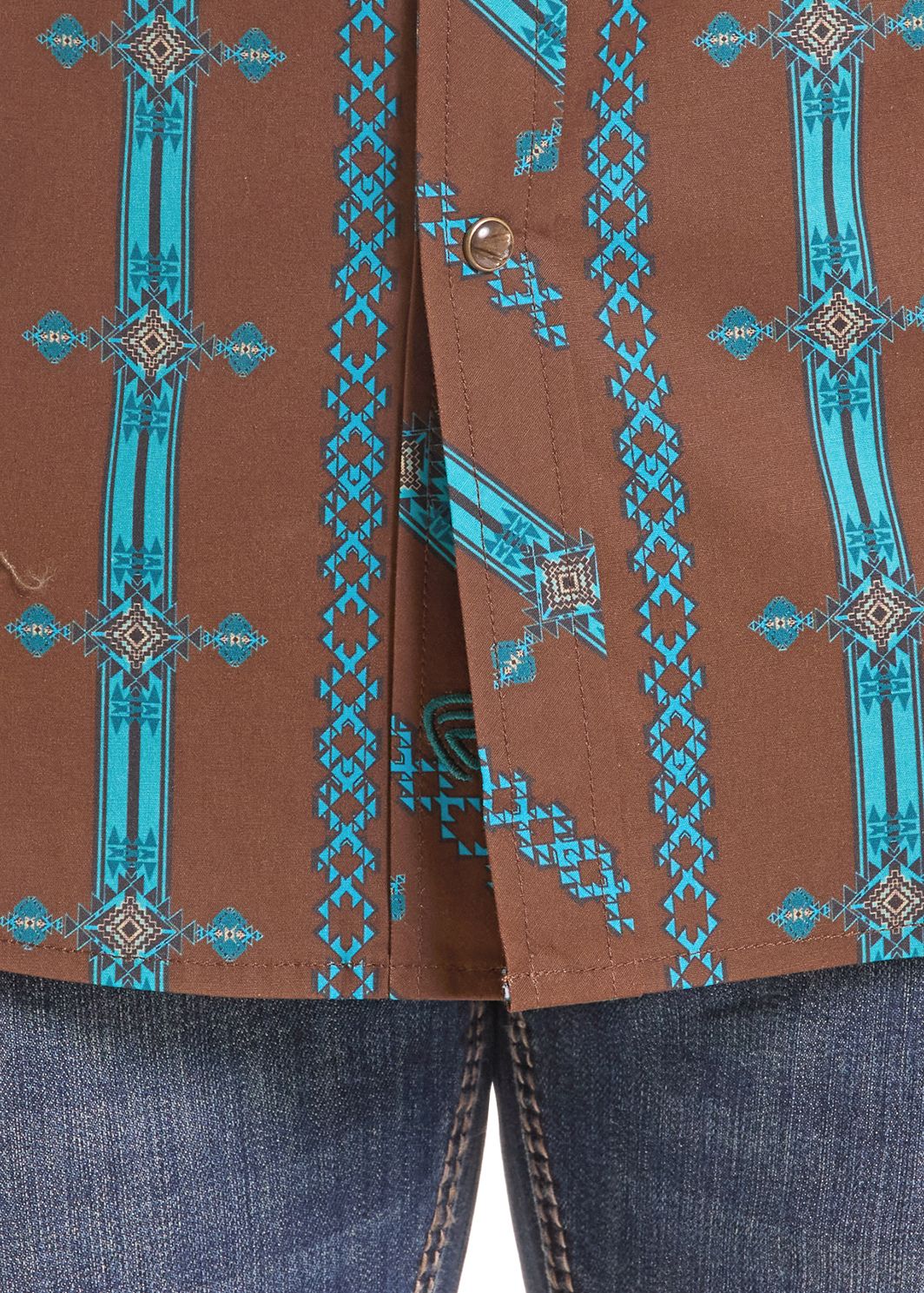 Close up of a Brown Aztec Striped Snap Shirt