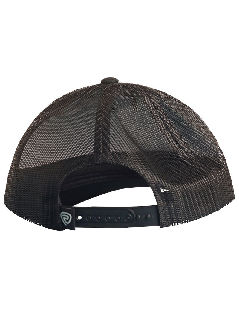 The Dale Brisby Black Radiator Ranch Cap by Rock & Roll Denim is a black mesh trucker hat with an adjustable snapback and a small Radiator Ranch logo on the strap, shown from the back.