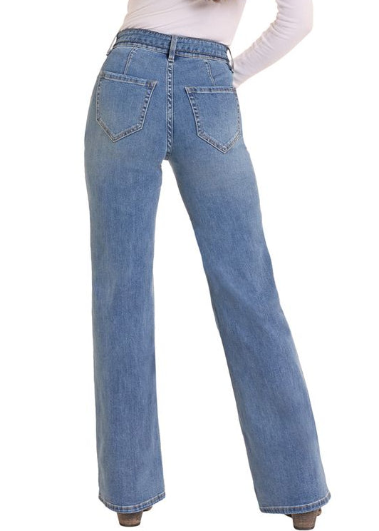 Back view of a woman in light wash wide leg pair of jeans. 