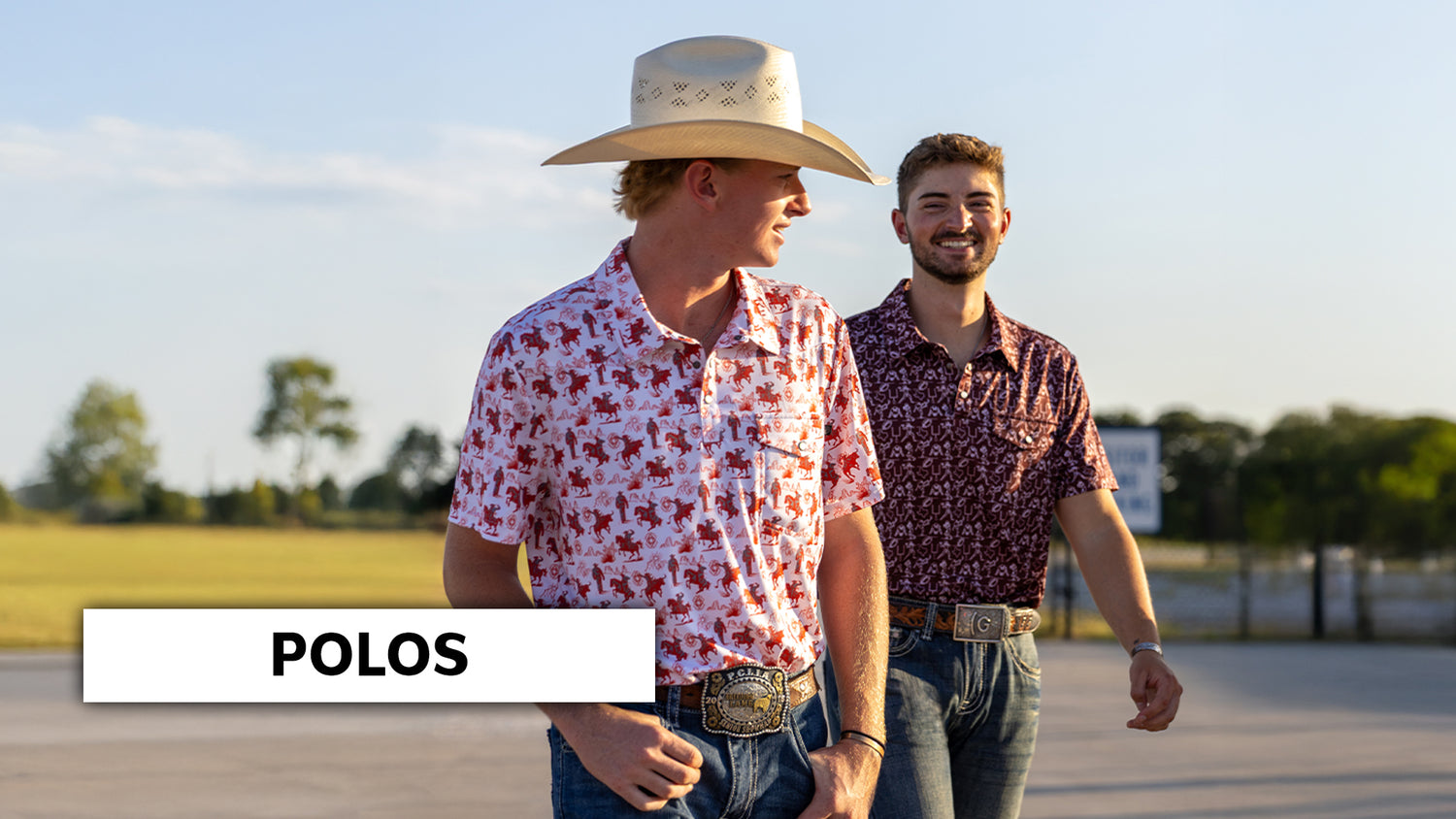 Two men walking outdoors wearing short-sleeve patterned polo shirts and jeans, with one man in a cowboy hat. A white label at the bottom left reads 'POLOS'.