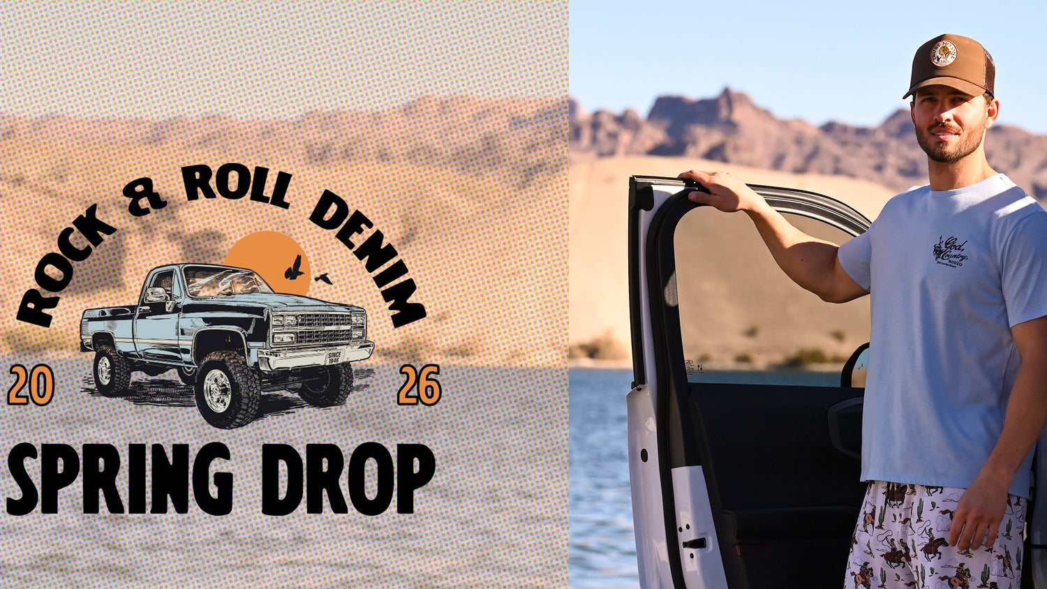 Man opening a car door with a desert landscape and 'Rock & Roll Denim' advertisement.