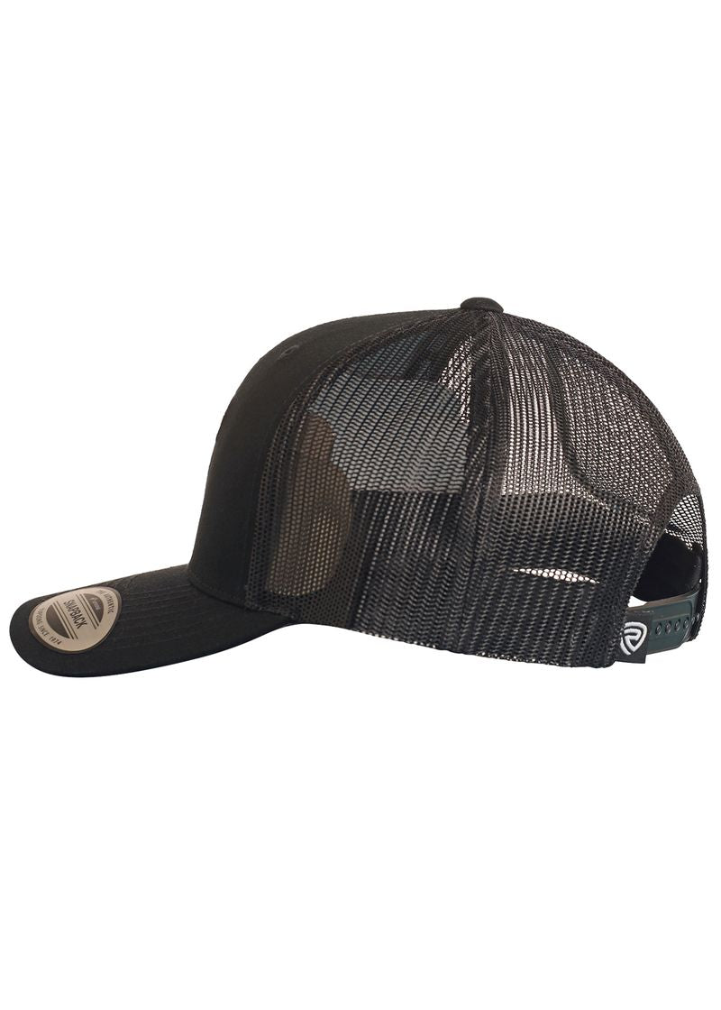 The Dale Brisby Black Radiator Ranch Cap by Rock & Roll Denim features black mesh, an adjustable snapback closure, and a curved brim with a sticker—perfect for any Dale Brisby fan.