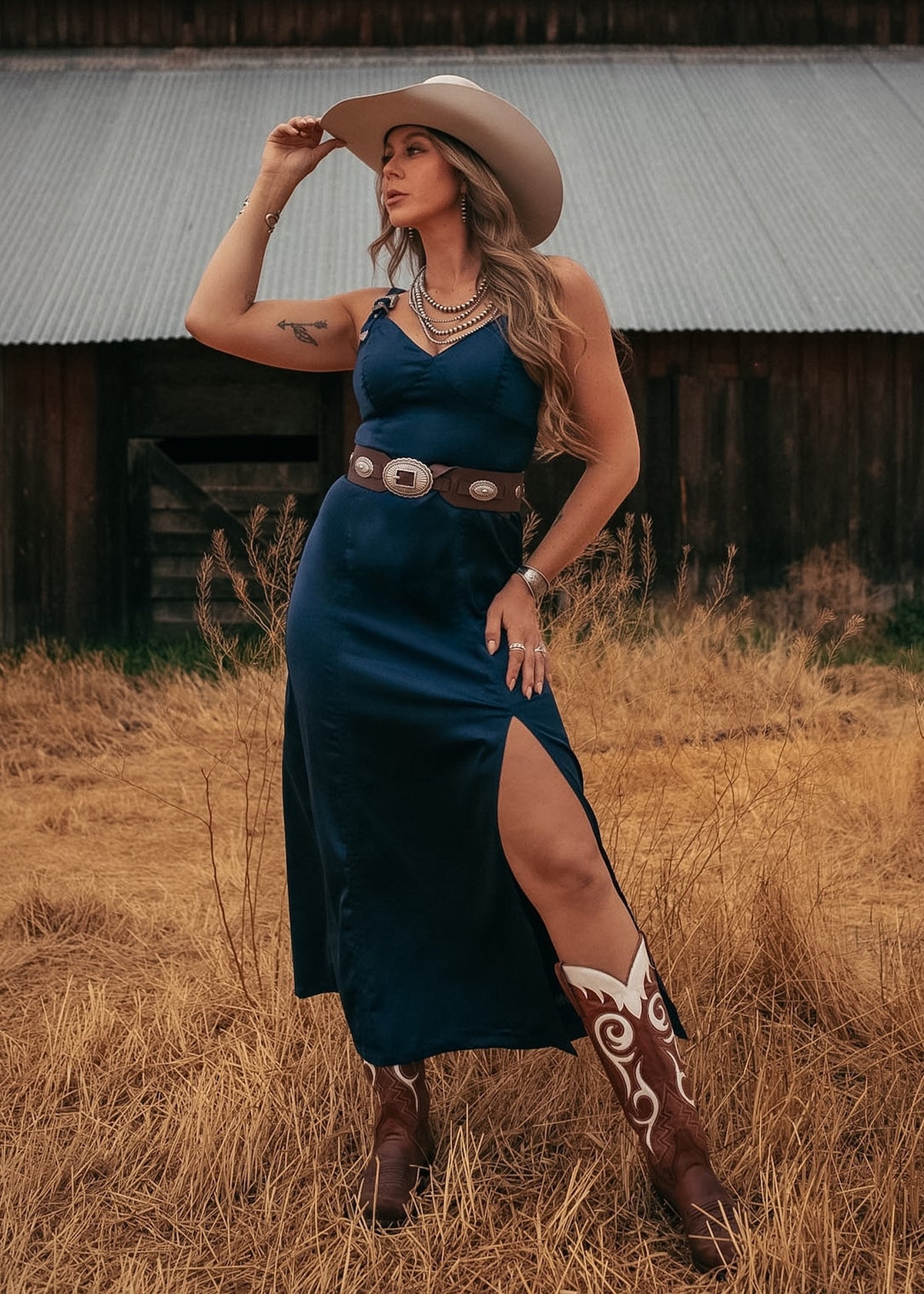West Desperado wearing a blue dress in a field by a barn 