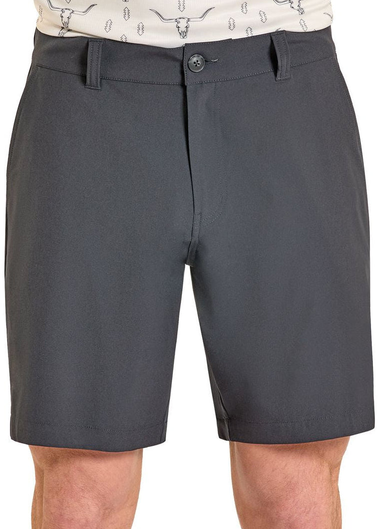 Gray shorts worn by a person on a white background