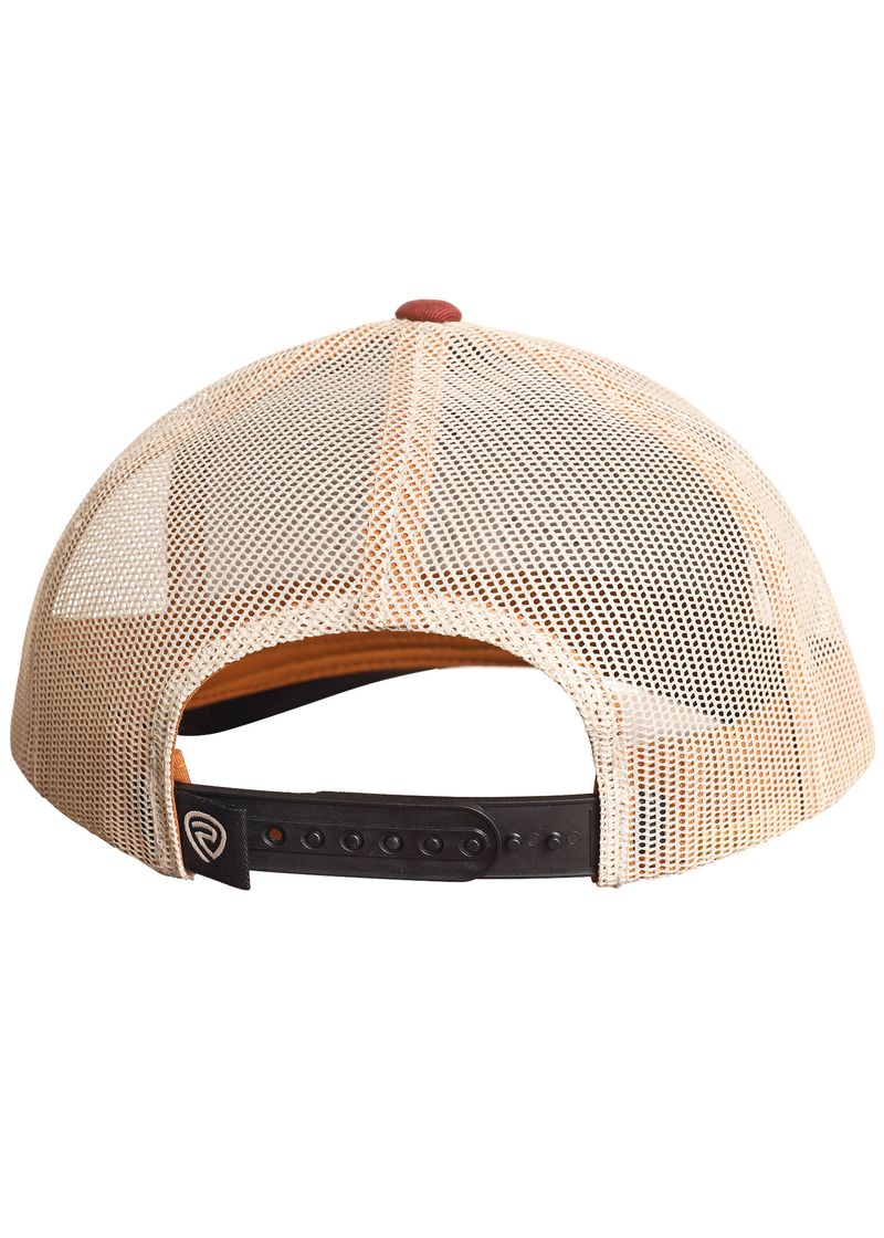 The Desert Thunderbird Cap by Rock & Roll Denim is a tan mesh back trucker hat with an adjustable black snapback and a small black tag with a white logo on the band, blending comfort and classic style.