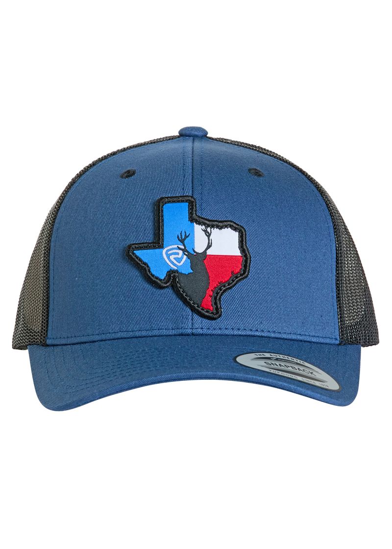 The Rock & Roll Denim Texas Buck Cap features a blue and black design, Texas state patch with a black deer head, mesh back, and adjustable snapback for all-day comfort.